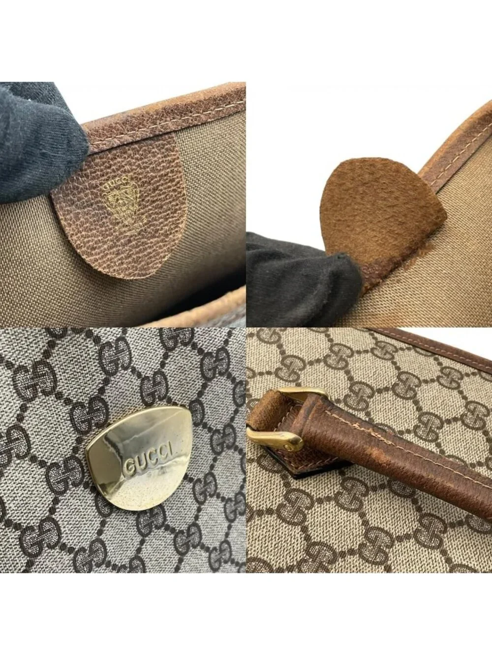 Gucci Tote Handle Vintage GG Plus Leather Gray Brown Gold Simple Business Daily